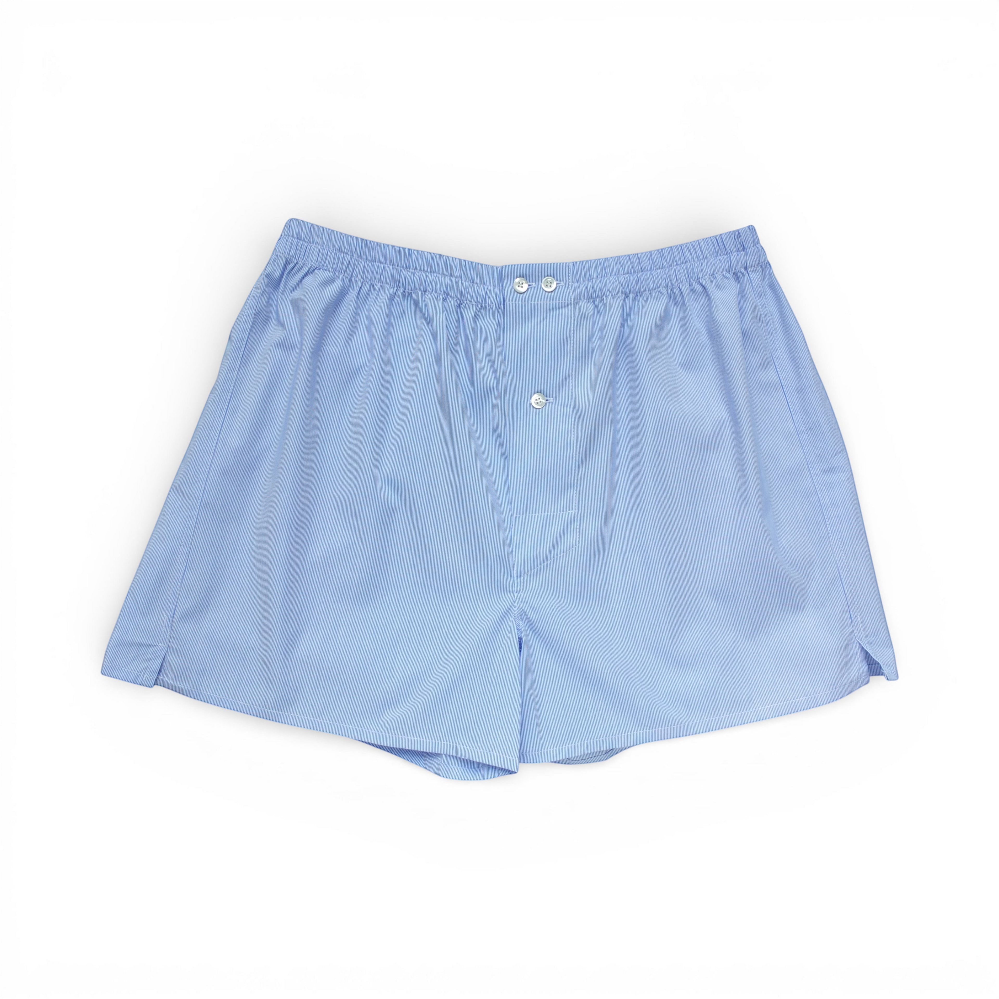 St Roch light blue cotton poplin boxer shorts with fine white pinstripes and button fly.