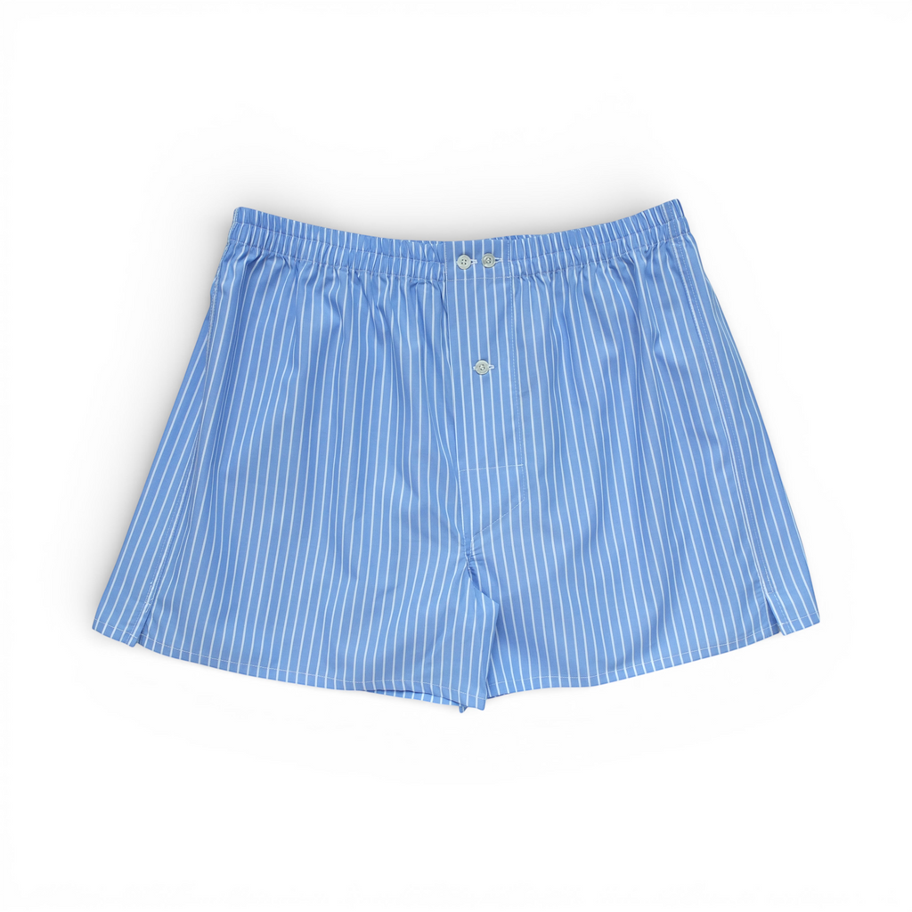 St Roch light blue and white pinstripe poplin boxer shorts with elastic waistband and button fly.