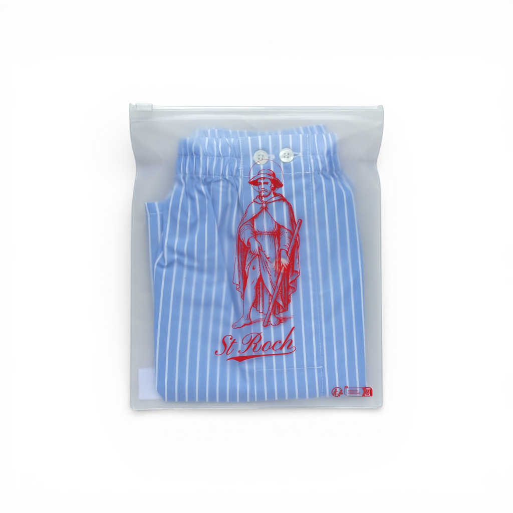 St Roch light blue and white striped poplin boxer shorts with a red St Roch graphic and button fly.