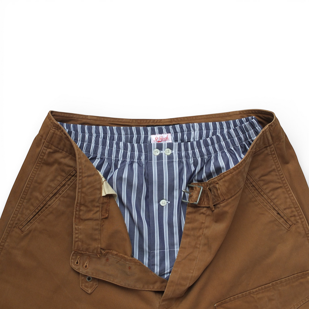 St Roch brown cotton twill boxer shorts with navy and white pinstripe lining and adjustable side tabs.