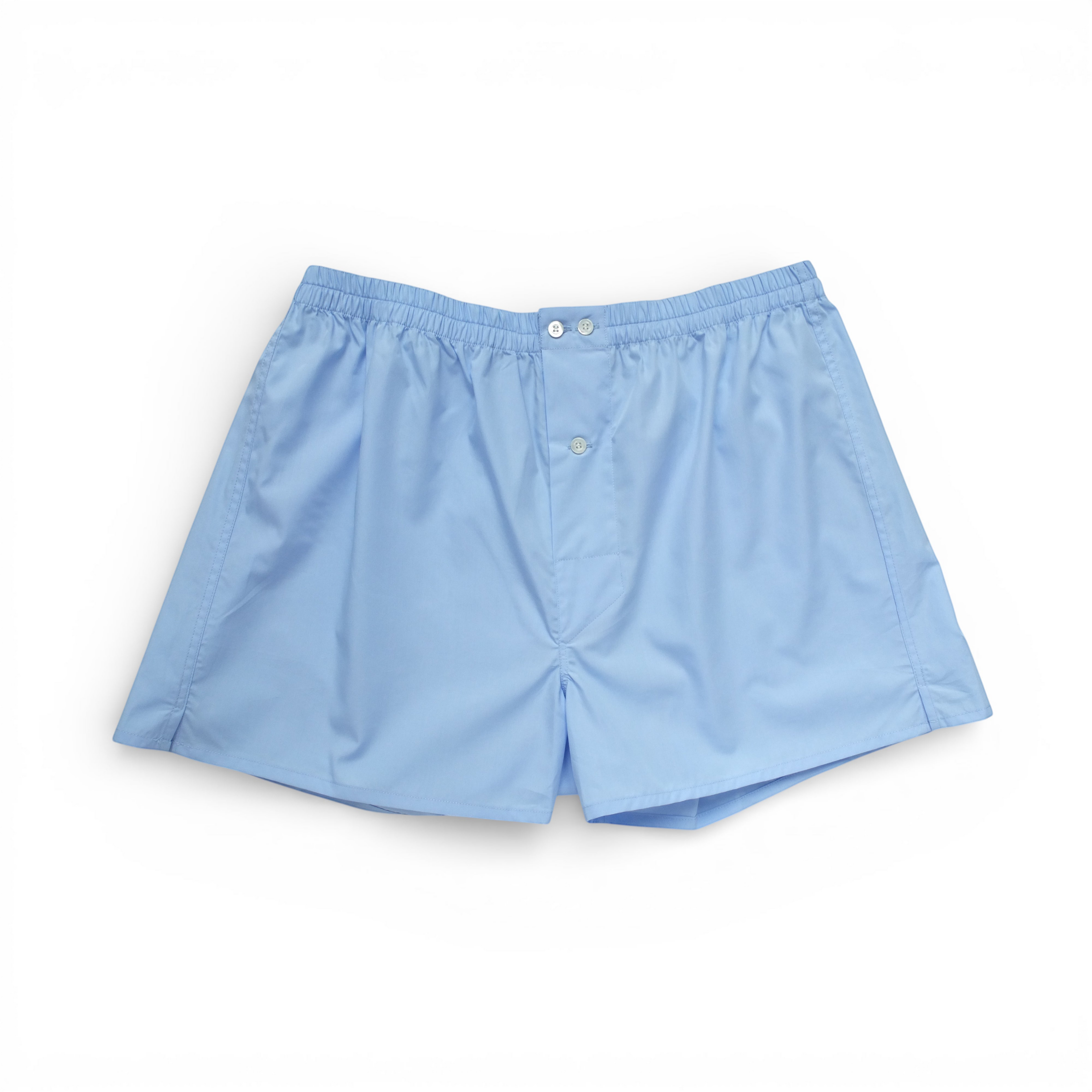 St Roch light blue cotton poplin boxer shorts with elastic waistband and button fly.