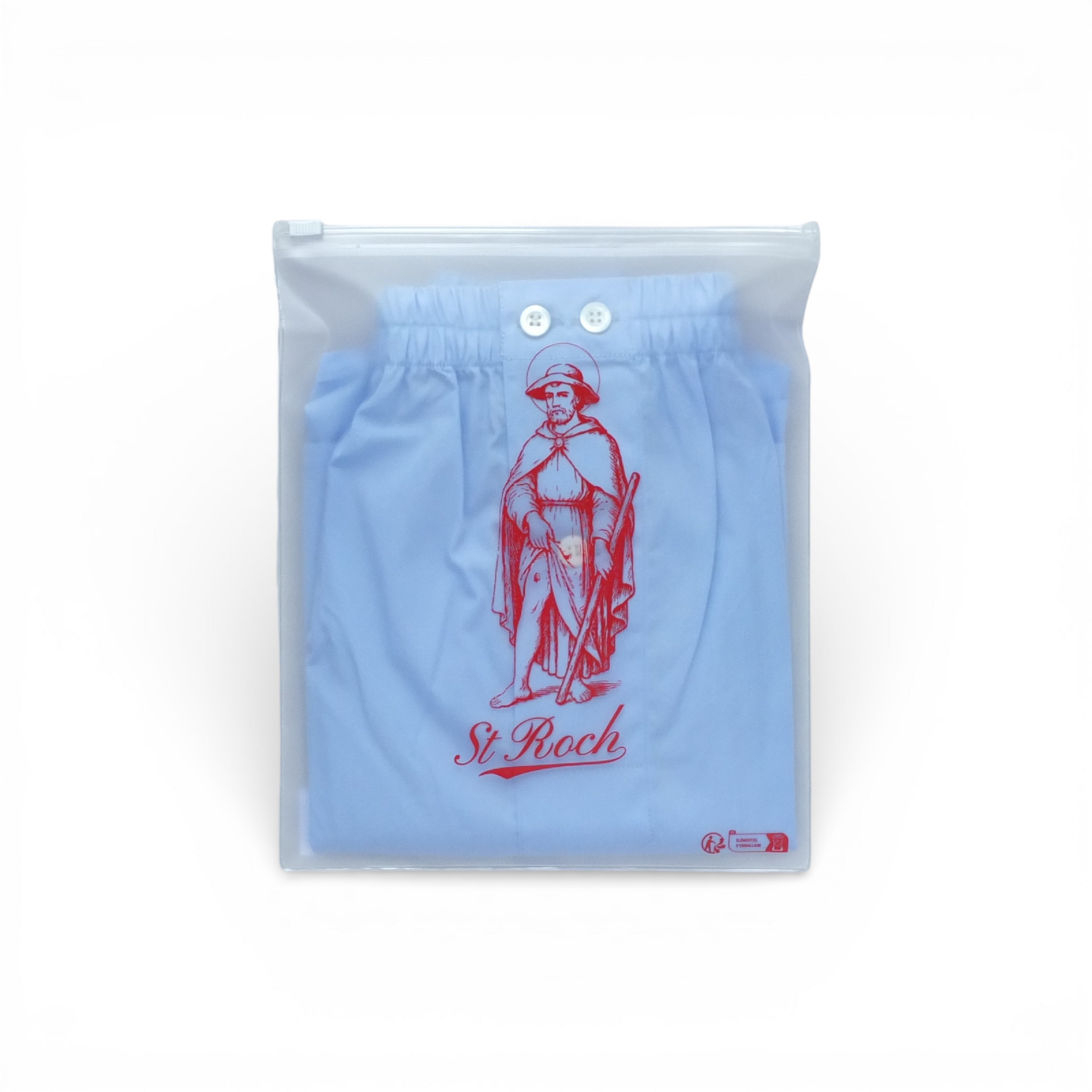 St Roch light blue cotton poplin boxer shorts with red St Roch graphic and two white buttons.