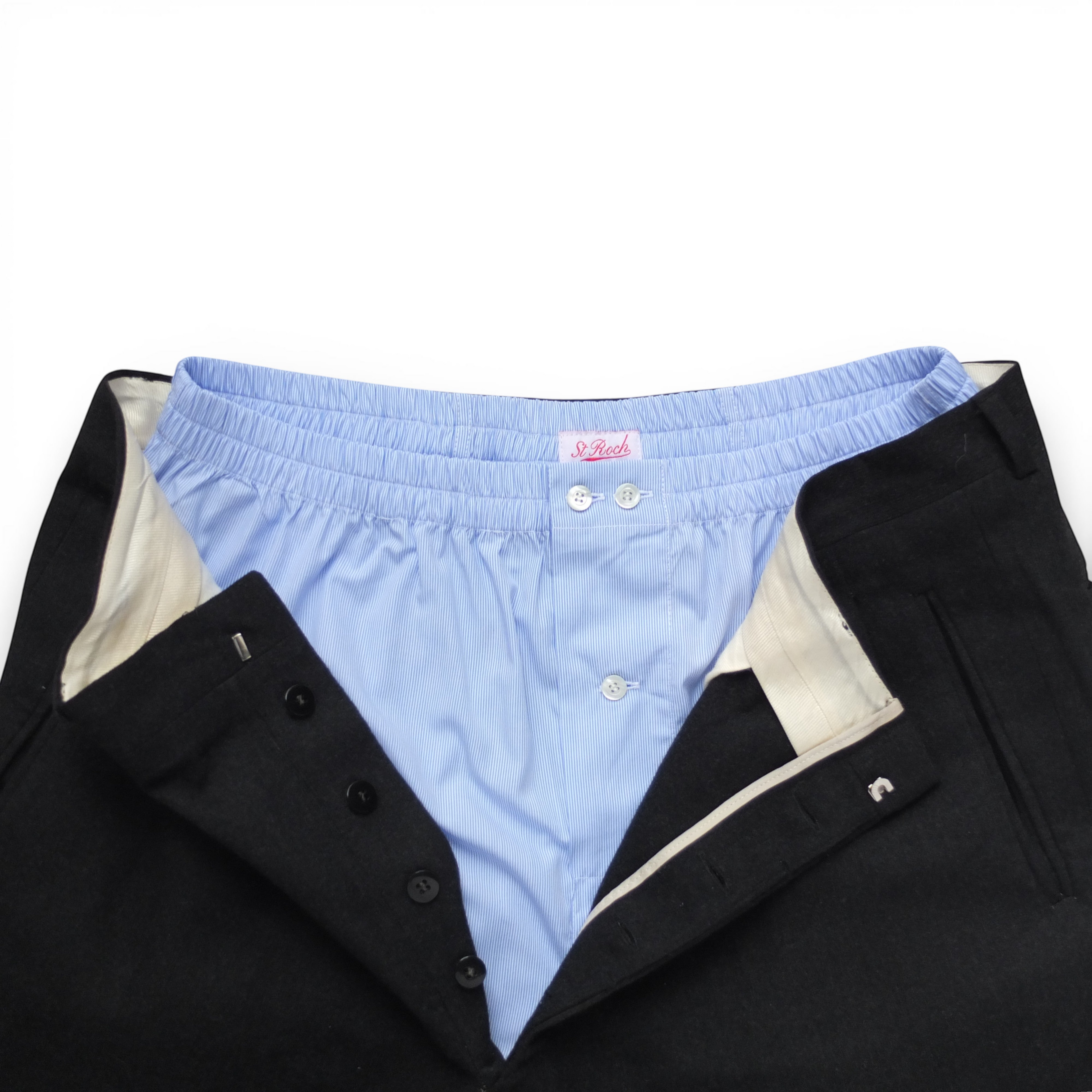 St Roch light blue fine pinstripe cotton poplin boxer shorts with elasticated waistband and button fly.