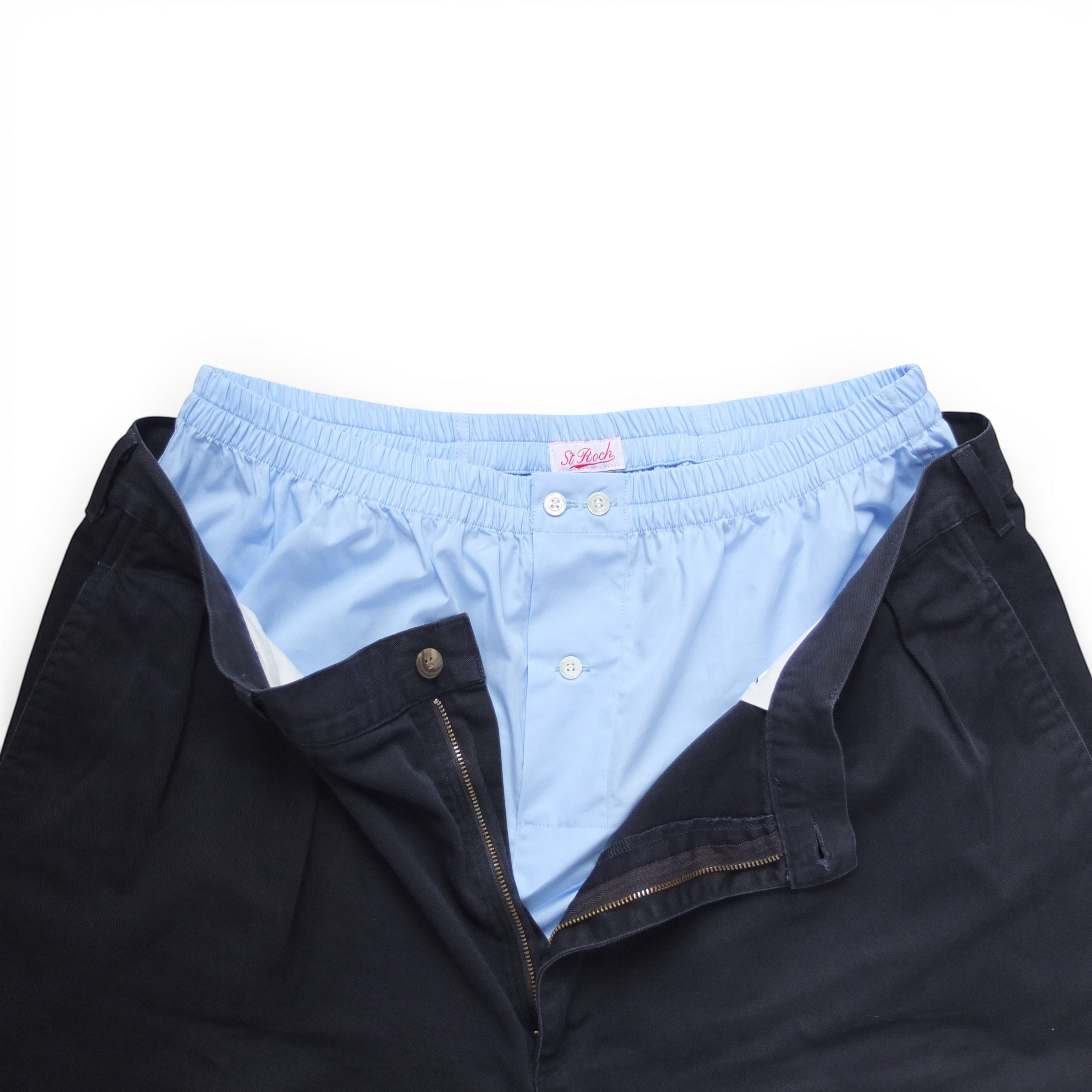 St Roch navy blue cotton poplin boxer shorts with light blue lining and button fly.