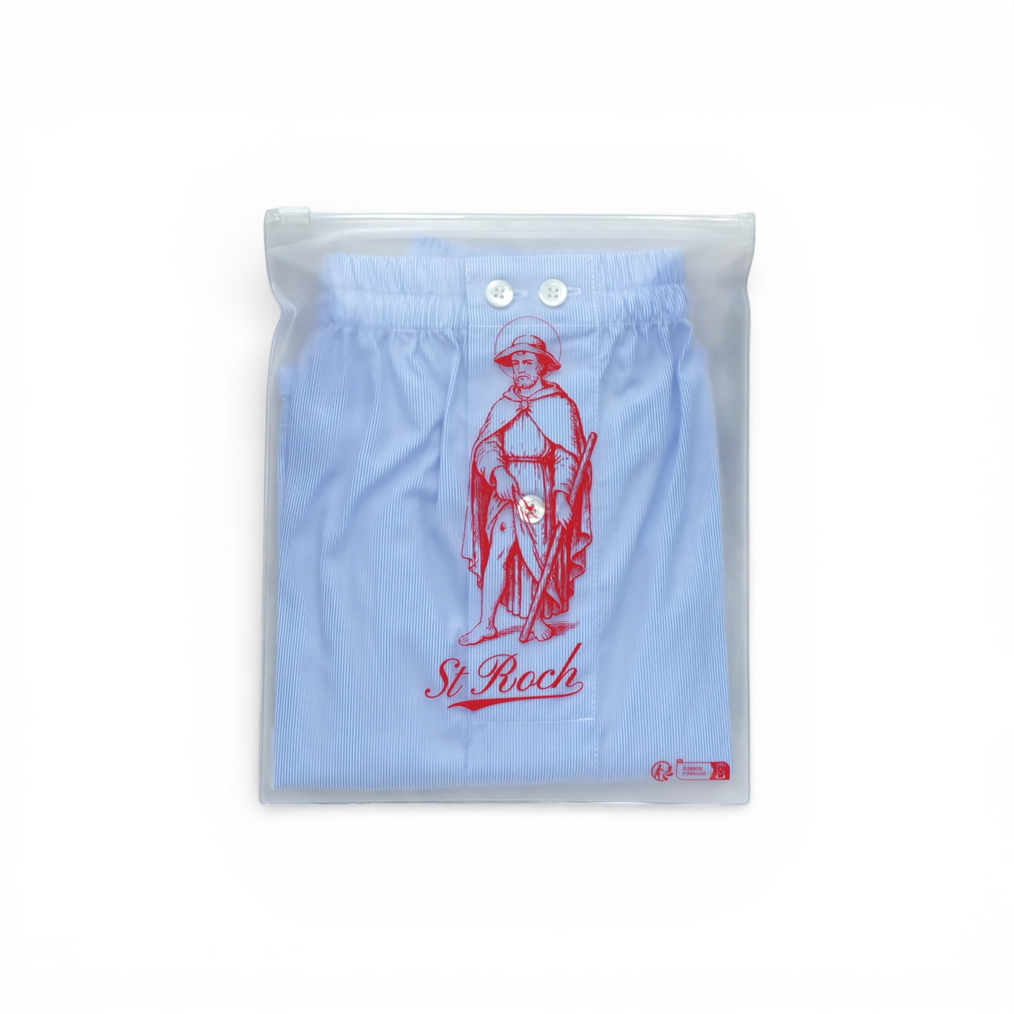 St Roch light blue fine striped poplin boxer shorts with a red graphic print of St Roch and logo.