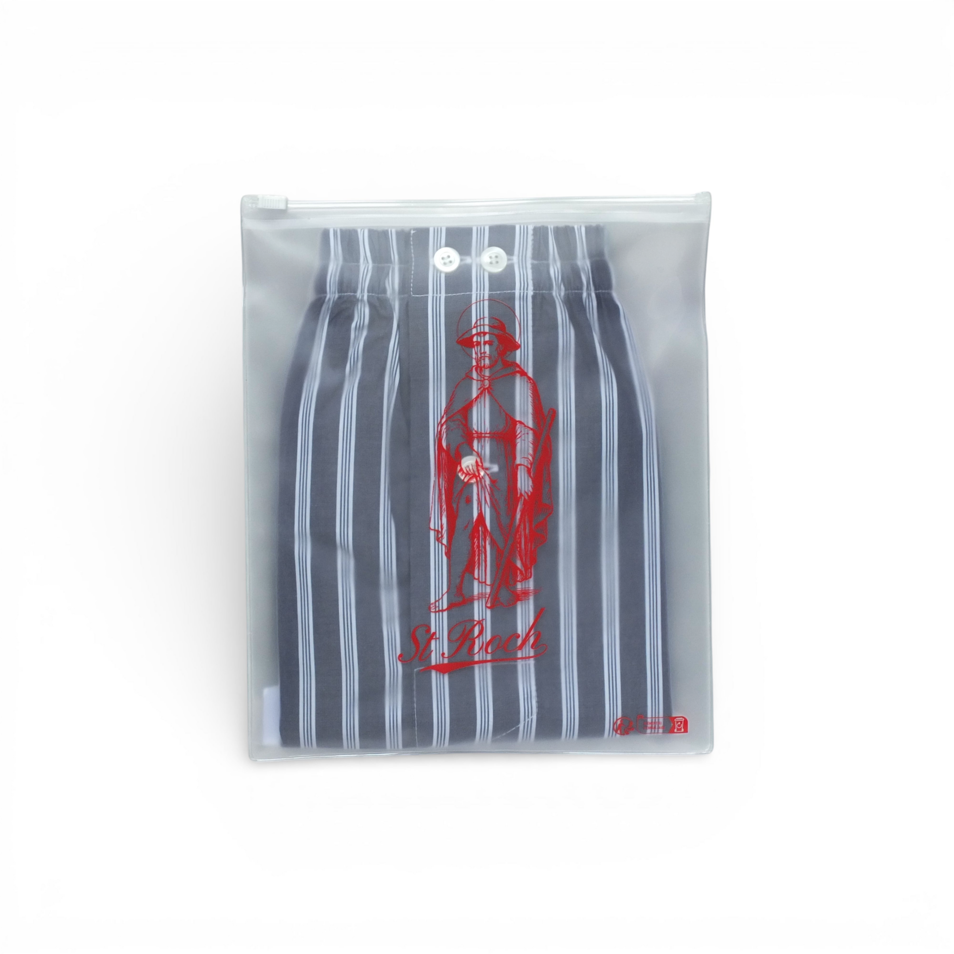St Roch navy blue and white striped poplin boxer shorts with a red St Roch graphic and two white buttons.
