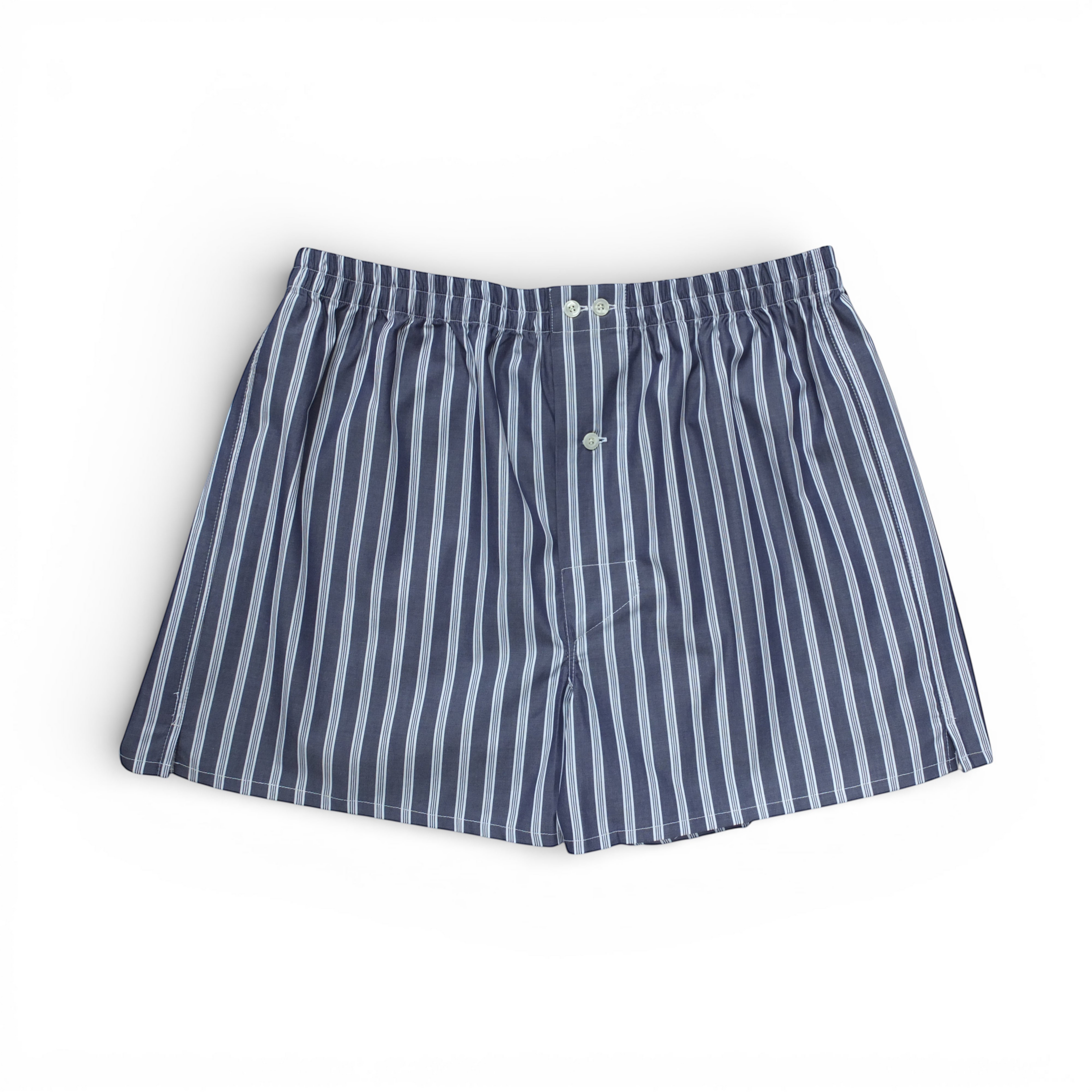 St Roch navy blue and white striped poplin boxer shorts with elastic waistband and button fly.