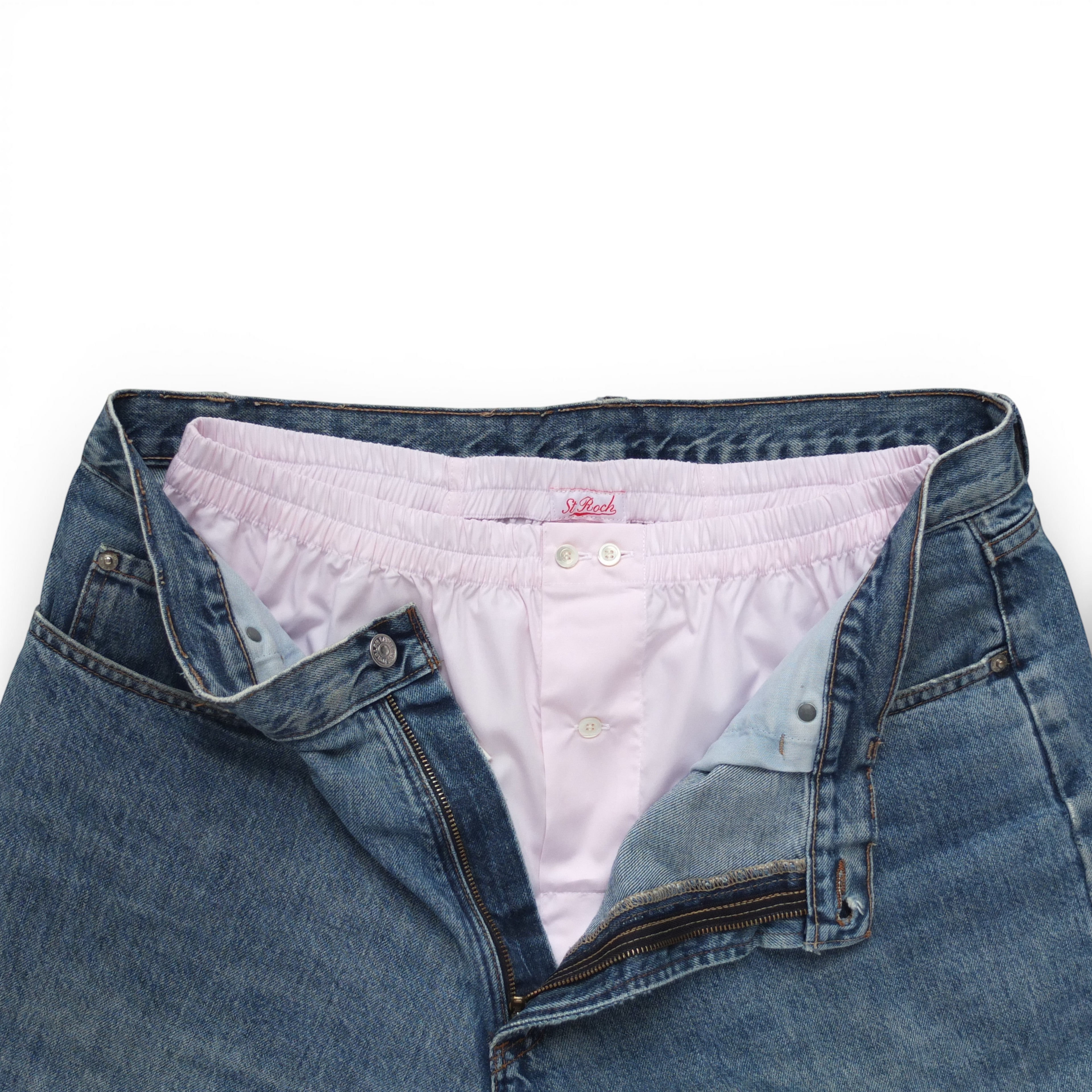 St Roch light pink poplin boxer briefs with elastic waistband and button fly.