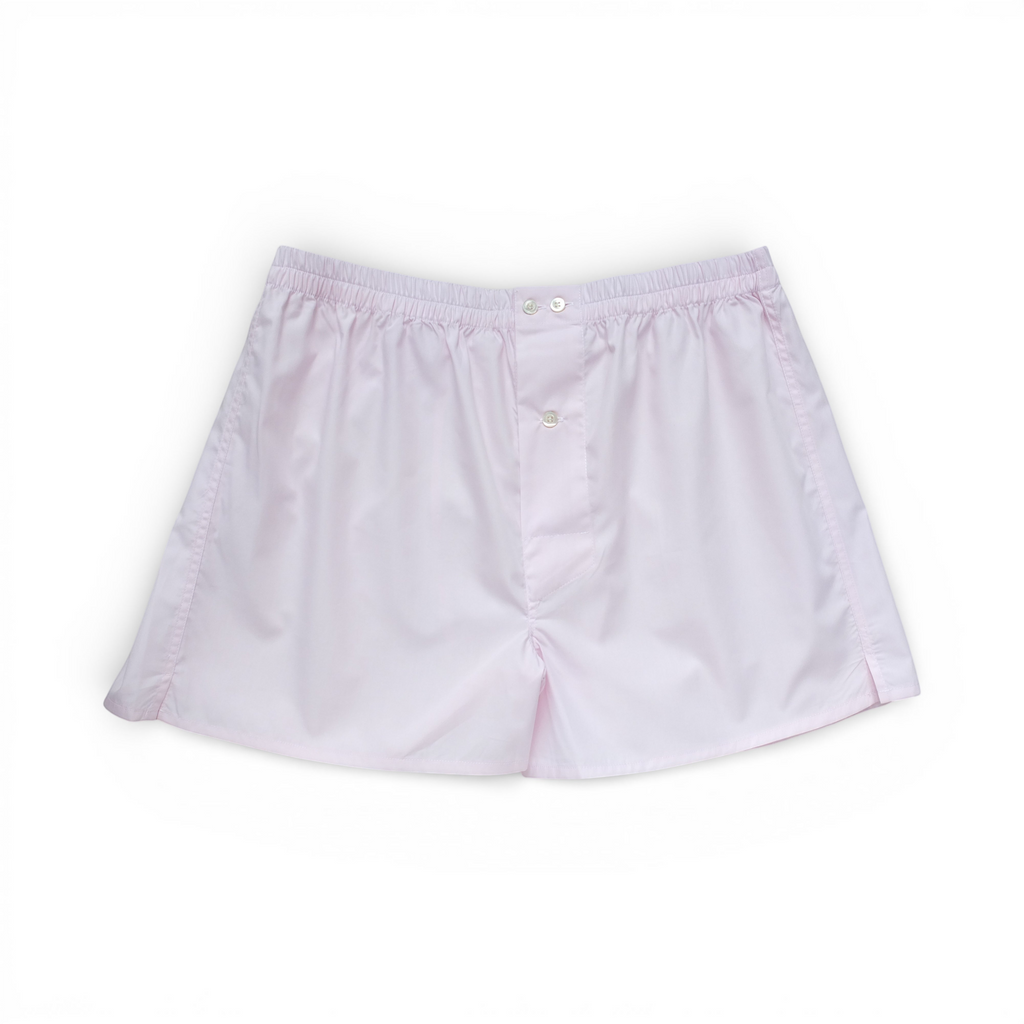 St Roch light pink poplin boxer shorts with elasticated waistband and button fly.